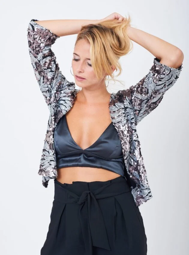 Saco Malena Plateado, Violeta talle M - Toia de Kiev - Alquiler de vestidos de fiesta