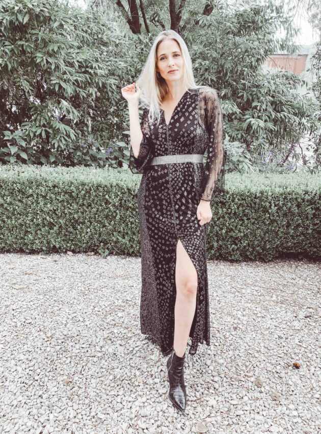 Vestido Paz Negro, Plateado talle L - Toia de Kiev - Alquiler de vestidos de fiesta