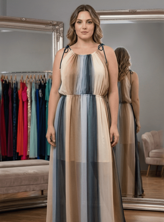 Vestido Duna Azul, Celeste, Crudo, Marrón talle 2XL - Toia de Kiev - Alquiler de vestidos de fiesta