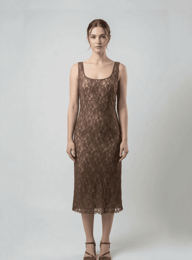 Vestido Greta Beige, Marrón talle S - Toia de Kiev - Alquiler de vestidos de fiesta