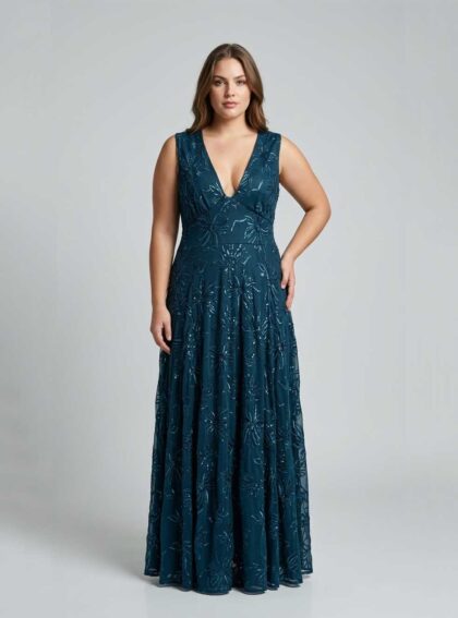 Vestido Eter Petroleo Celeste talle XL - Toia de Kiev - Alquiler de vestidos de fiesta