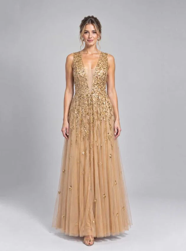 Vestido Leila Beige, Crudo, Dorado talle M - Toia de Kiev - Alquiler de vestidos de fiesta