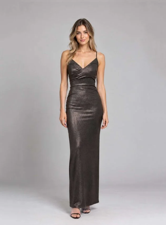 Vestido Sepia Bronce, Dorado talle S - Toia de Kiev - Alquiler de vestidos de fiesta