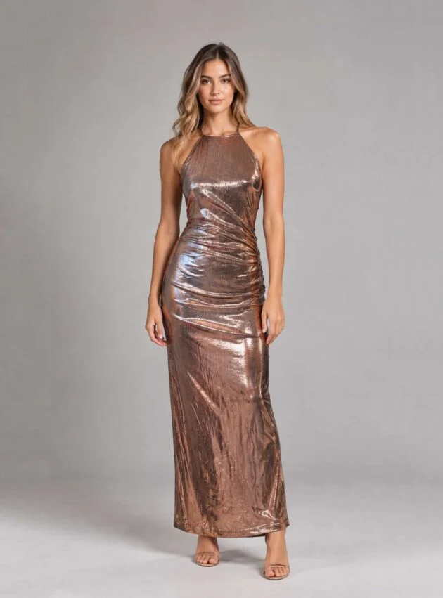 Vestido Sienna Bronce, Dorado talle S - Toia de Kiev - Alquiler de vestidos de fiesta